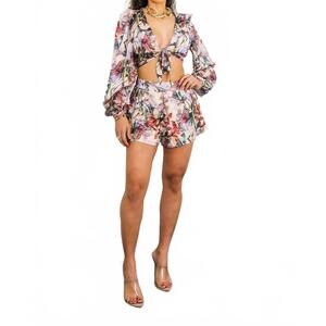 NEW SURELYMINE floral cutout tie front shorts set in lavender